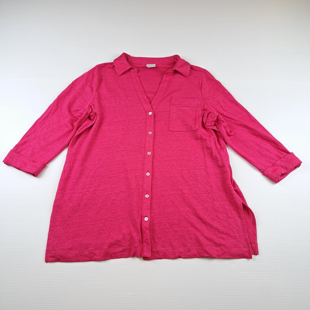 Chico's Shirt Womens Large Pink 100% Linen Button Front Tunic Tab Sleeve Top
